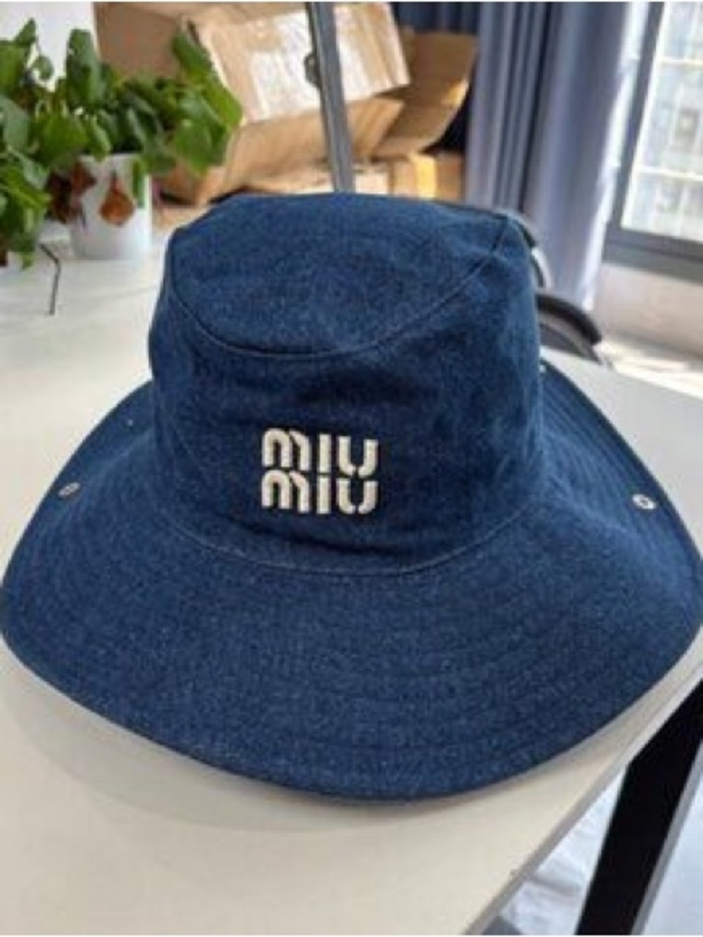 Miu Miu Dark Blue Denim Brim Hat with White Logo
